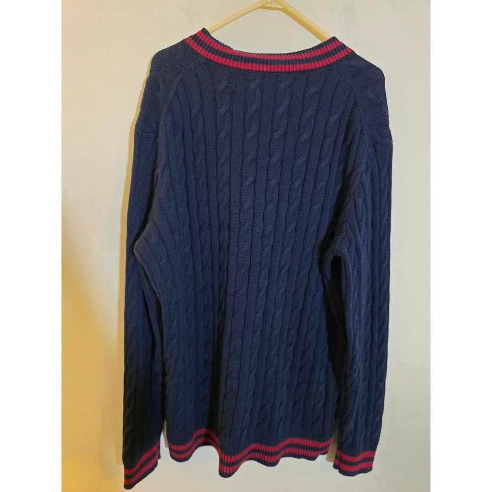 Old Navy Mens XL Tall Navy Blue Cable Knit V-Neck Sweater Red Trim Cotton Preppy